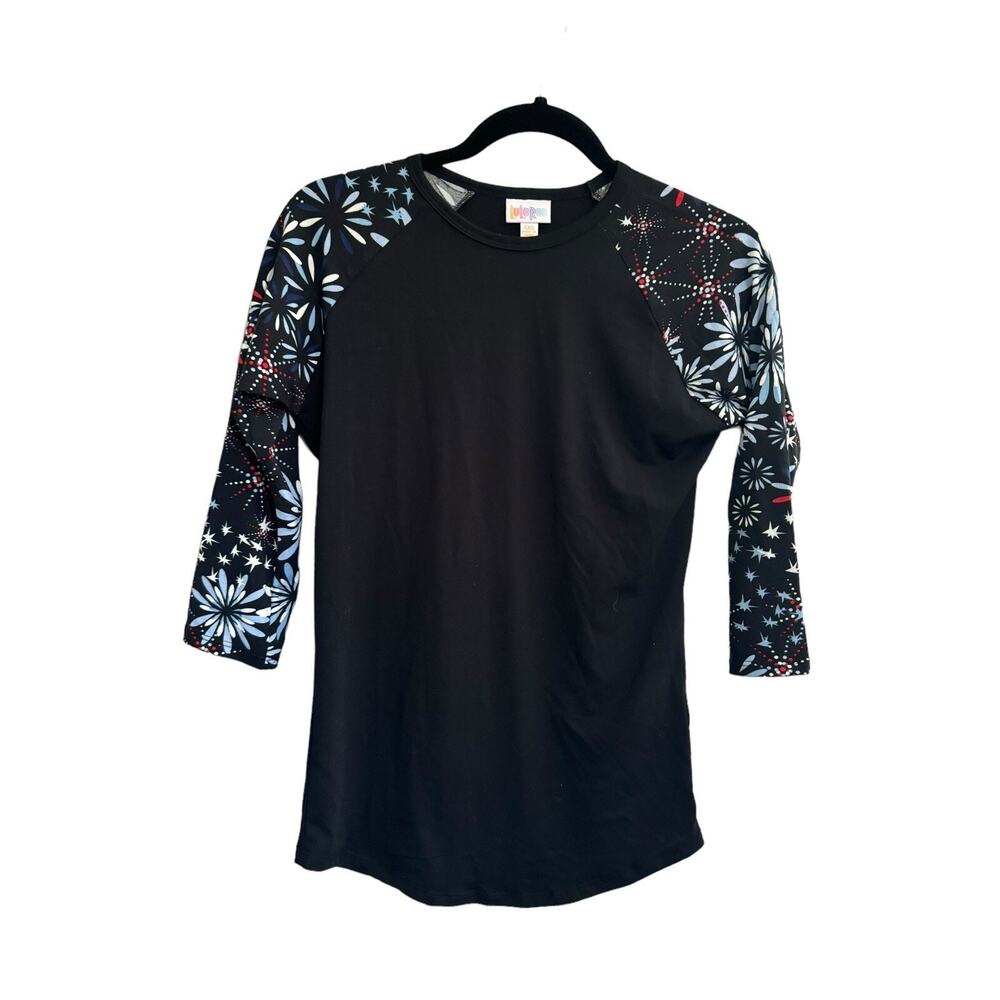 NWT Lularoe XXS USA 4th July Patriotic Black Fireworks Randy Tee Top 2XS #2881